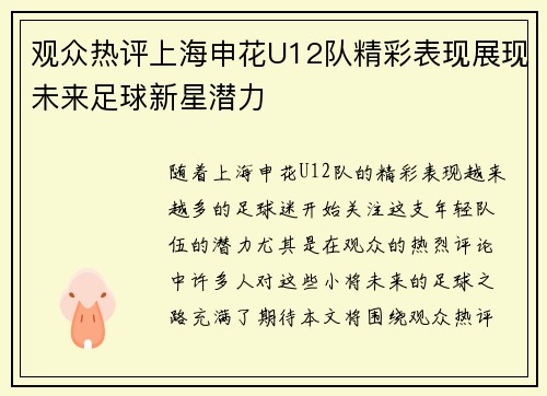 观众热评上海申花U12队精彩表现展现未来足球新星潜力 观众热评上海申花U12队精彩表现展现未来足球新星潜力